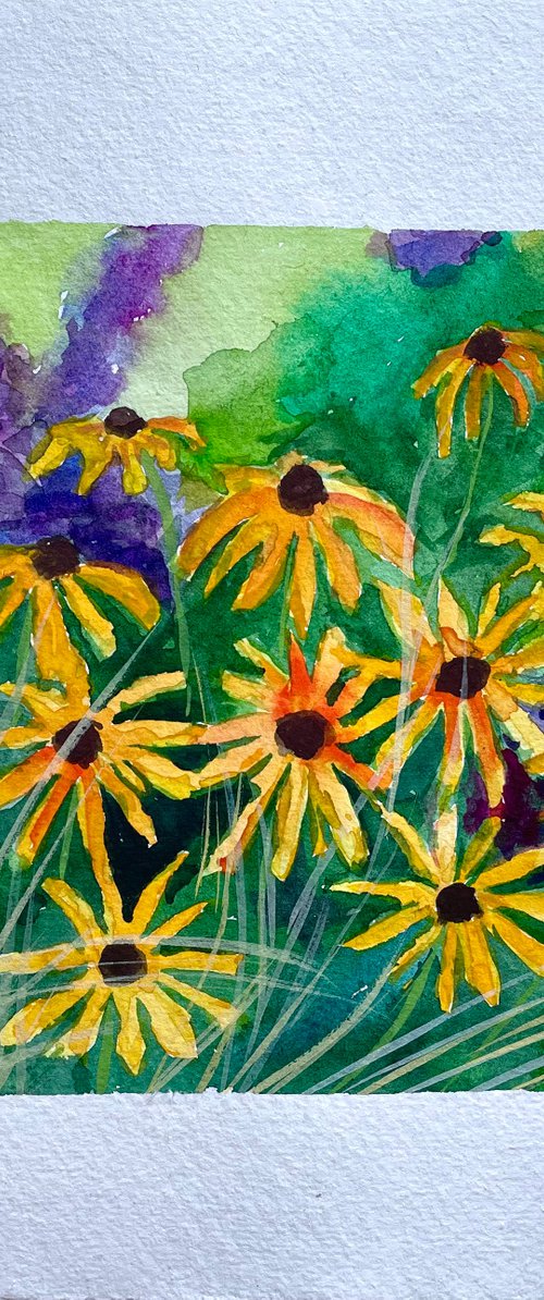 Flower Original Watercolor Painting, Yellow Wildflowers Artwork, Floral Wall Art, Coneflower Illustration by Kate Grishakova