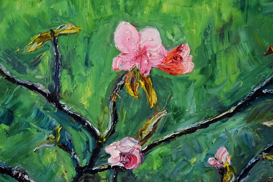 Spring flowers oil painting on canvas, pink flower, green wall art