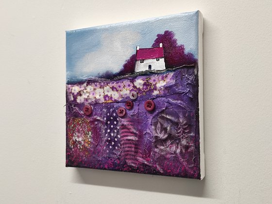 Little cottage on purple patchwork Field Textured Landscape