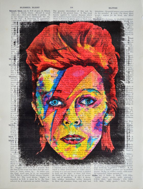 David Bowie - Ziggy Stardust - Collage Art on Large Real English Dictionary Vintage Book Page