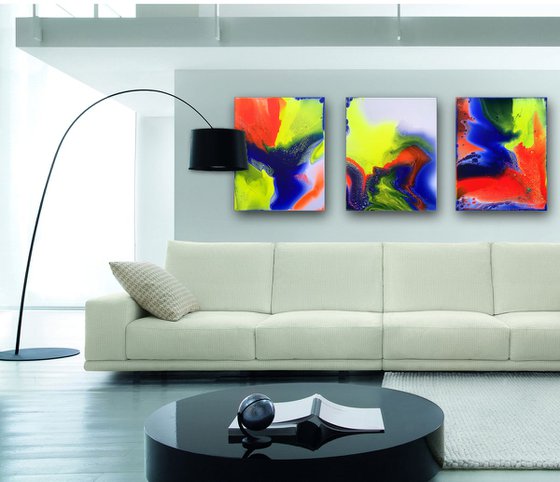 "Electric Kool Aid" - FREE WORLDWIDE SHIPPING - Original Triptych, Abstract PMS Acrylic Paintings Series - 48" x 20"