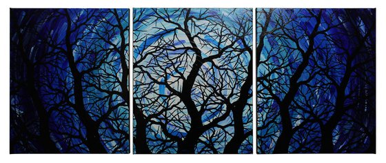 Triptych silhouettes of night trees