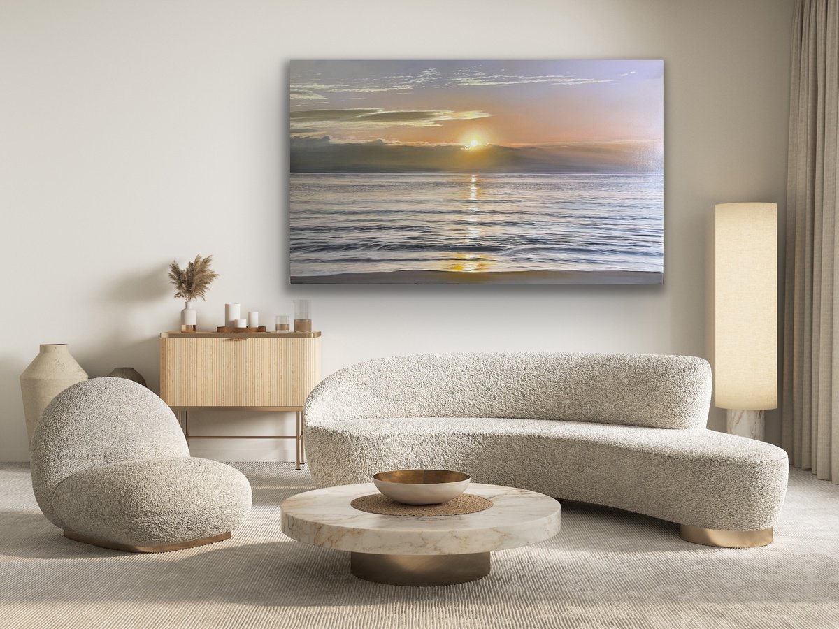 Photorealistic Oil Painting , Golden Sunrise Over Calm Ocean By Aflatun Israilov, 71 X 43, Artwork For Sale On Artfinder