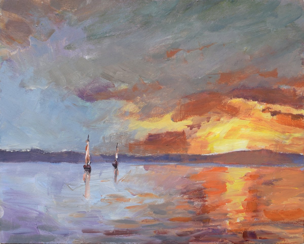 Expressive Landscape Acrylic Painting By Goran Zigolic Watercolors, 14 X 11, Seascape In Orange, Original Artwork