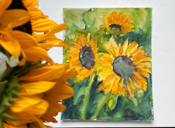 Sunflowers painting, Yellow Flowers Original Watercolor Painting, Thanksgiving Gift