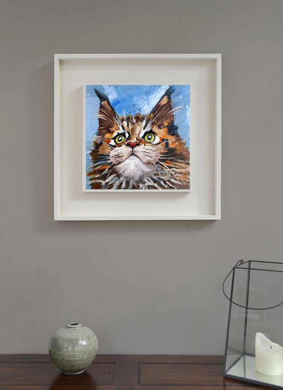 Cat Oil Painting Maine Coon Original Art Meme Pet Artwork Tabby Cat Portrait