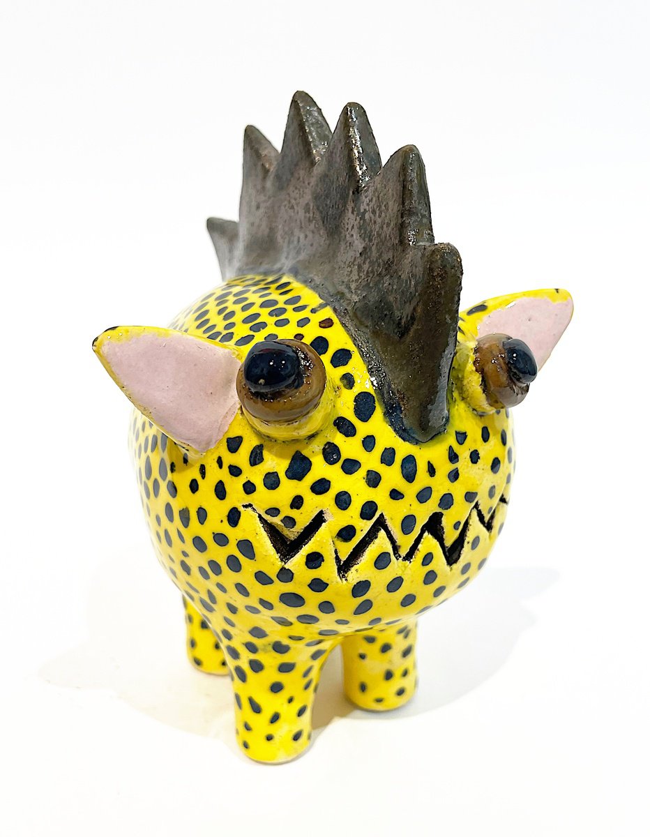 Illustrative Animal Clay Sculpture By Viktor Zuk, 6 X 6", Spotted Happy Dragon, Original Artwork