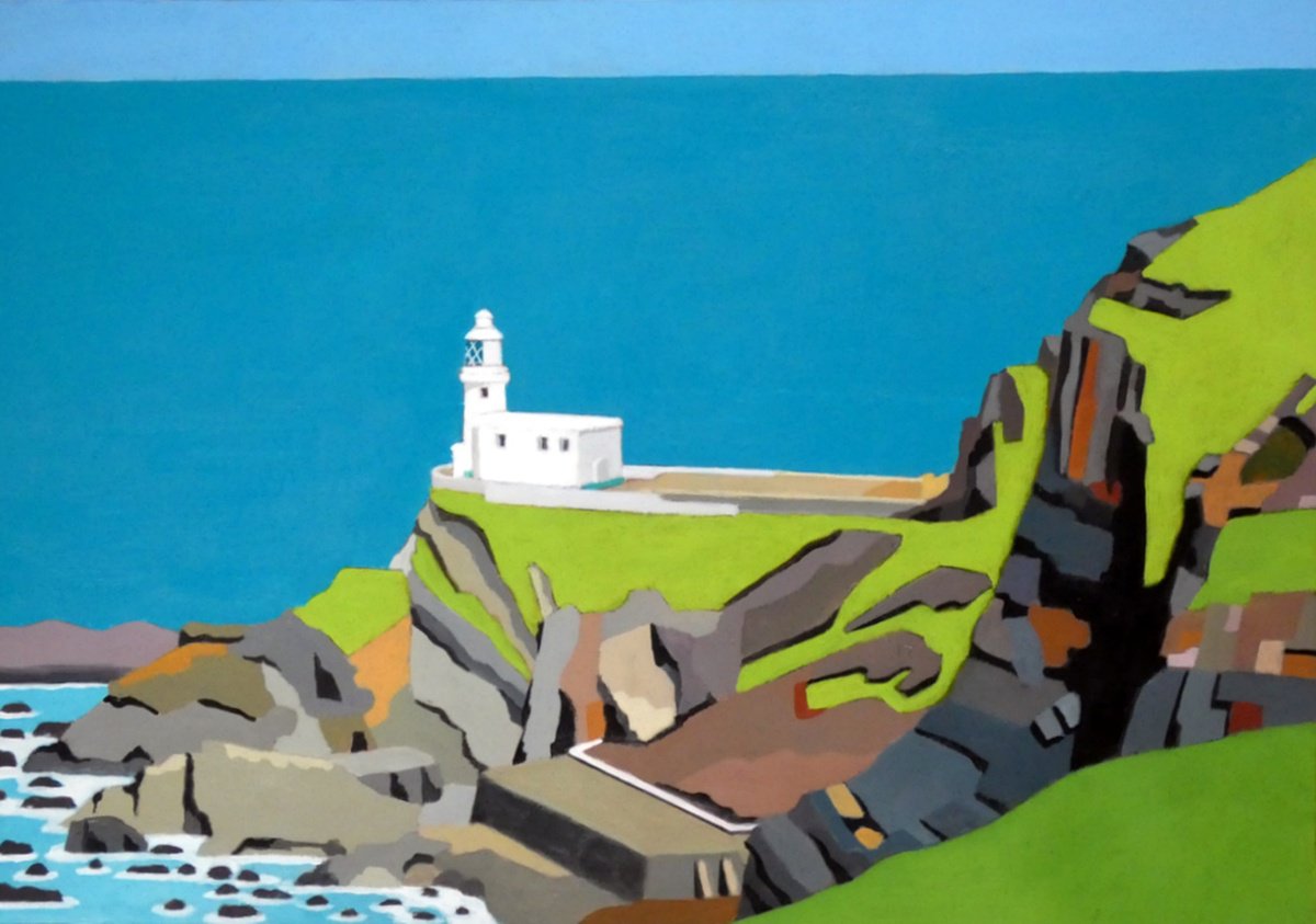 Landscape Acrylic Painting By Tim Treagust, 17 X 12", Hartland Lighthouse, Original Artwork