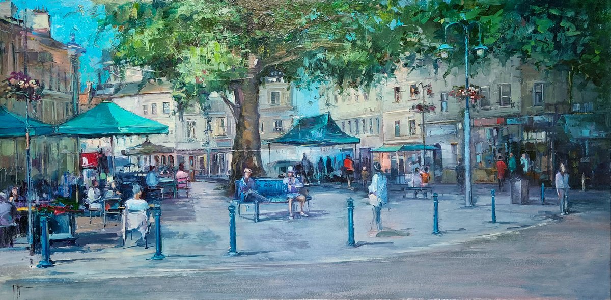 Impressionistic Cityscapes Oil Painting By Hennadii Penskyi, 31 X 16, Cafe At Noon, Original Artwork
