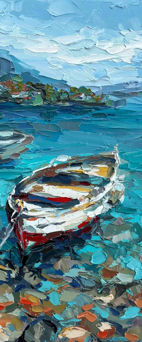 "Boat by the Shore" seascape painting by OXYPOINT