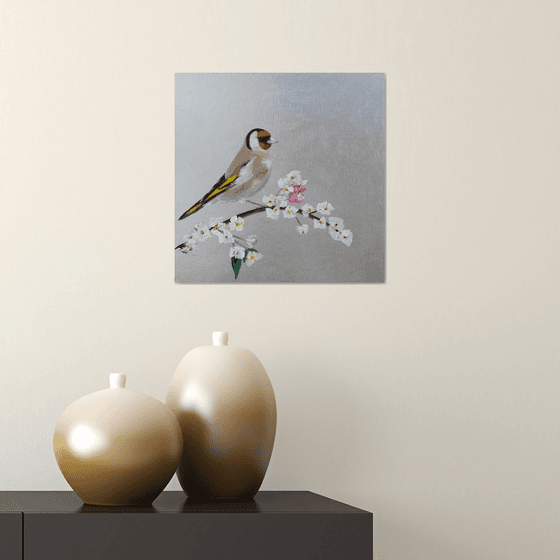 Goldfinch and Cherry Blossom on Silver