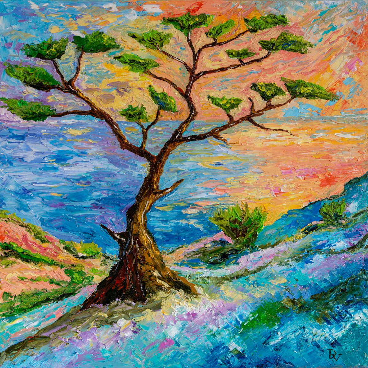 Impressionistic Landscape Oil Painting By Vladyslav Durniev, 20 X 20", Southern Tree, Original Artwork
