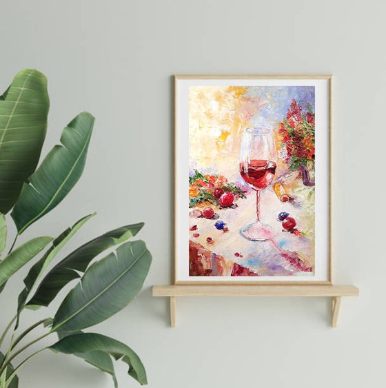 Wine Painting Original Art Fruit Wall Art Small Artwork Flower Still Life