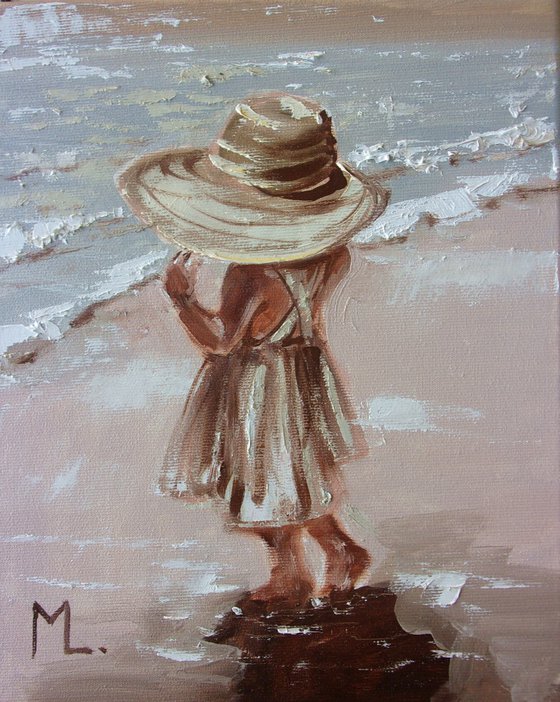 " NEW HAT " SUN SKY SEA SAND liGHt  ORIGINAL OIL PAINTING, GIFT, PALETTE KNIFE