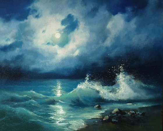 "Night sea." seascape sea night liGHt original painting  GIFT (2020)