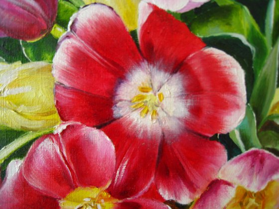 Red and Yellow Tulips in Glass Vase