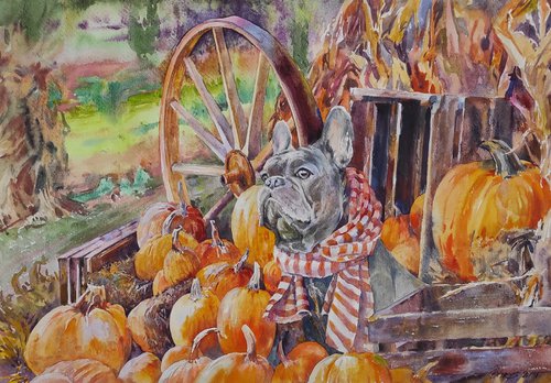Dog - original autumn watercolor landscape, with an animal by Tetiana Borys