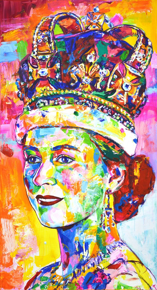 Expressive Portrait Acrylic Painting By Iryna Kastsova, 28 X 51, Queen Elizabeth Ii., Original Artwork