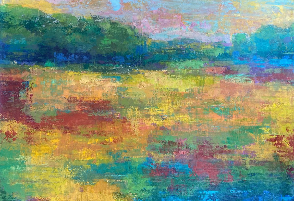 Abstract Landscape Acrylic Painting By Marcello Carrozzini, 35 X 24", La Clairiere, Original Artwork