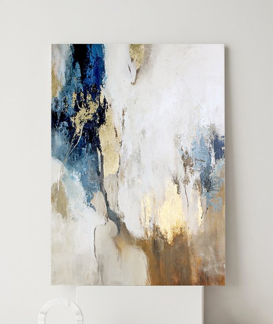 "Flow 1" Abstract blue and gold acrylic art
