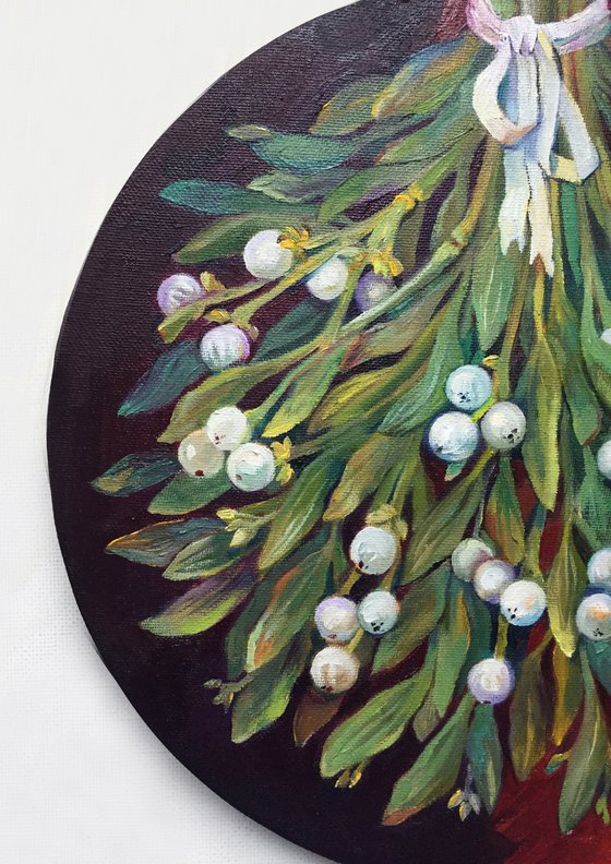 Mistletoe branches. Christmas decor. Christmas painting.