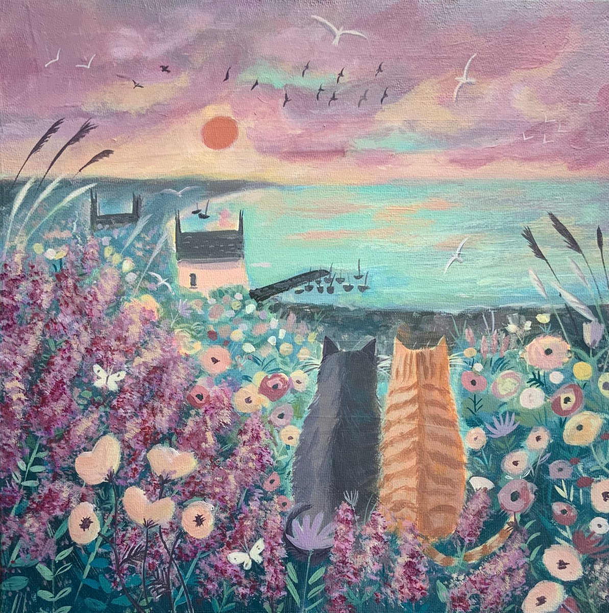 Coastal cats with cottage by Mary Stubberfield