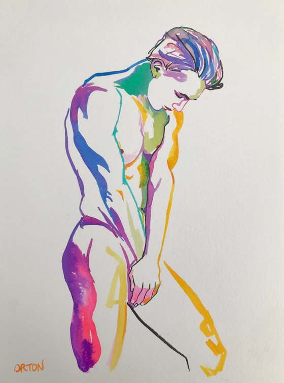 Male Nude Art Original Painting Drawing Charcoal Water Colour Nude