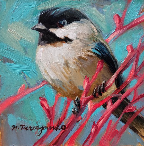 Bird oil painting original framed, Birds on branch picture blue turquoise art gift personalized, Bird illustration