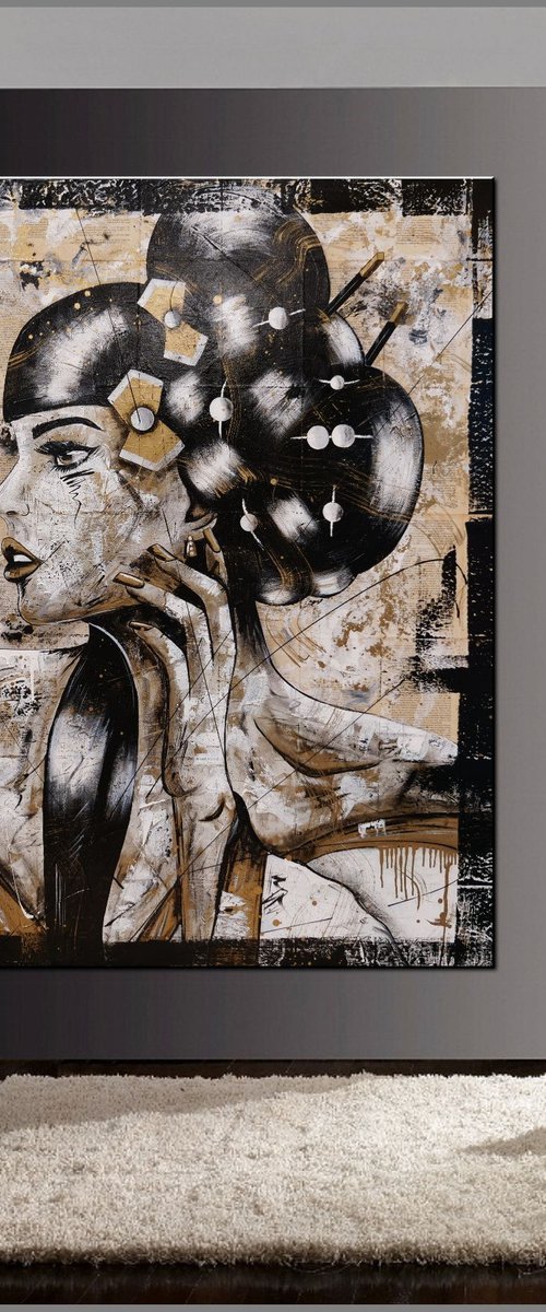 Gorudo (Golden) 120cm x 150cm Geisha Textured Abstract Realism Book Page Art by Franko
