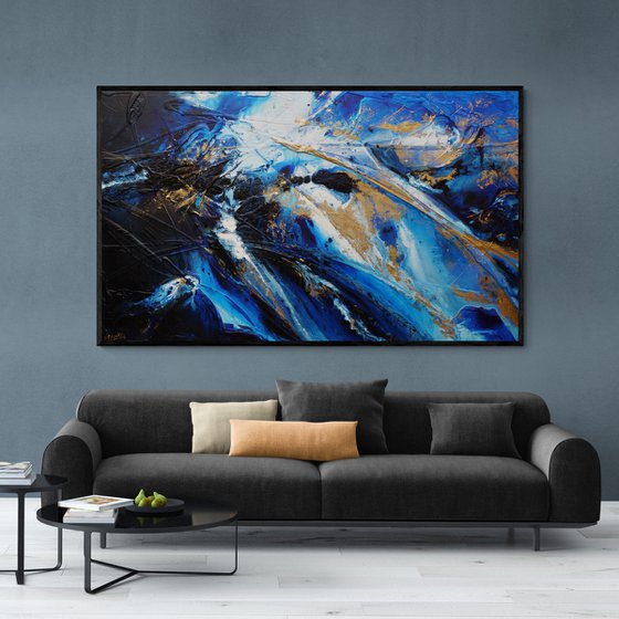 Golden Sapphire 200cm x 120cm Blue Gold Textured Abstract Art