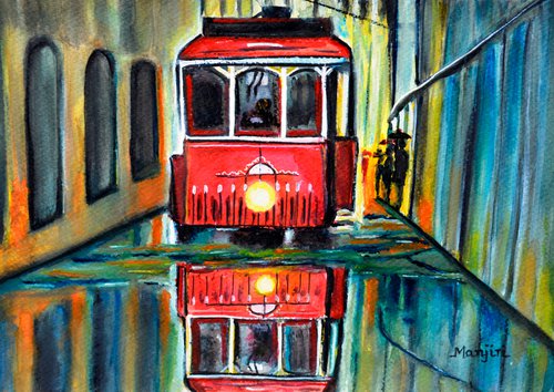 Red Tram Rainy landscape watercolor painting on sale by Manjiri Kanvinde