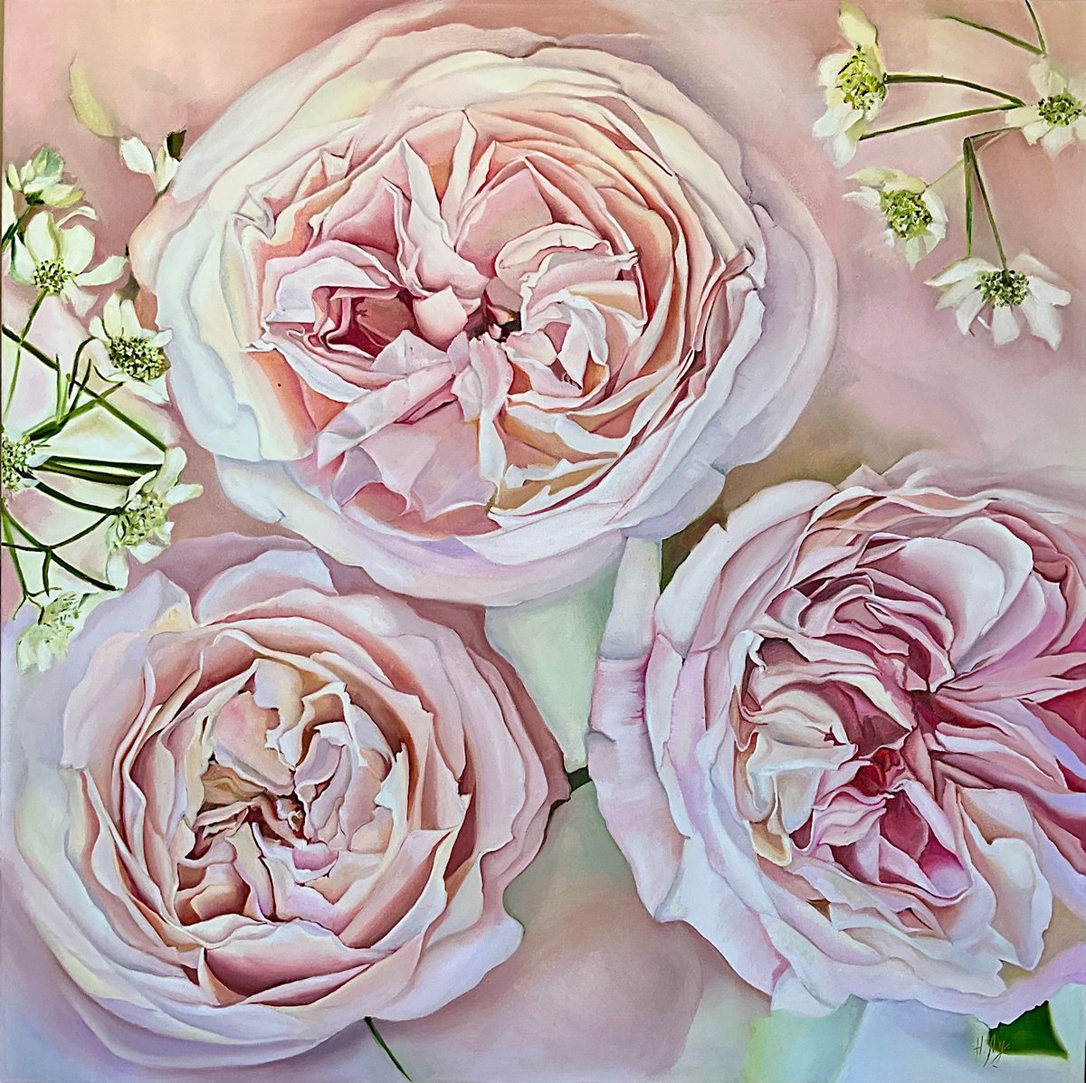 Expressive Botanical Oil Painting By Natalia Lugovskaya, 39 X 39", Soft Pink Roses, Original Artwork