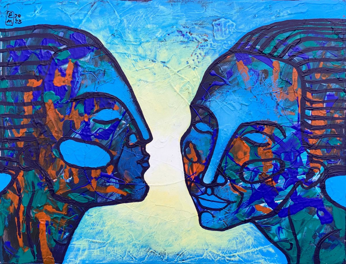 Expressive Portrait Acrylic Painting By Elena Tomilova, 17 X 12, A Kiss, Original Artwork