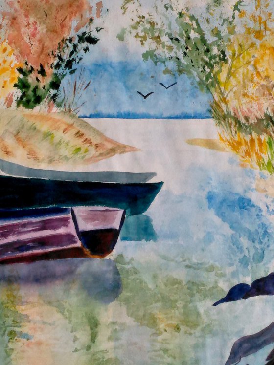 River Painting Rowboat Original Art Landscape Watercolor Boat Artwork 24 by 17" by Halyna Kirichenko