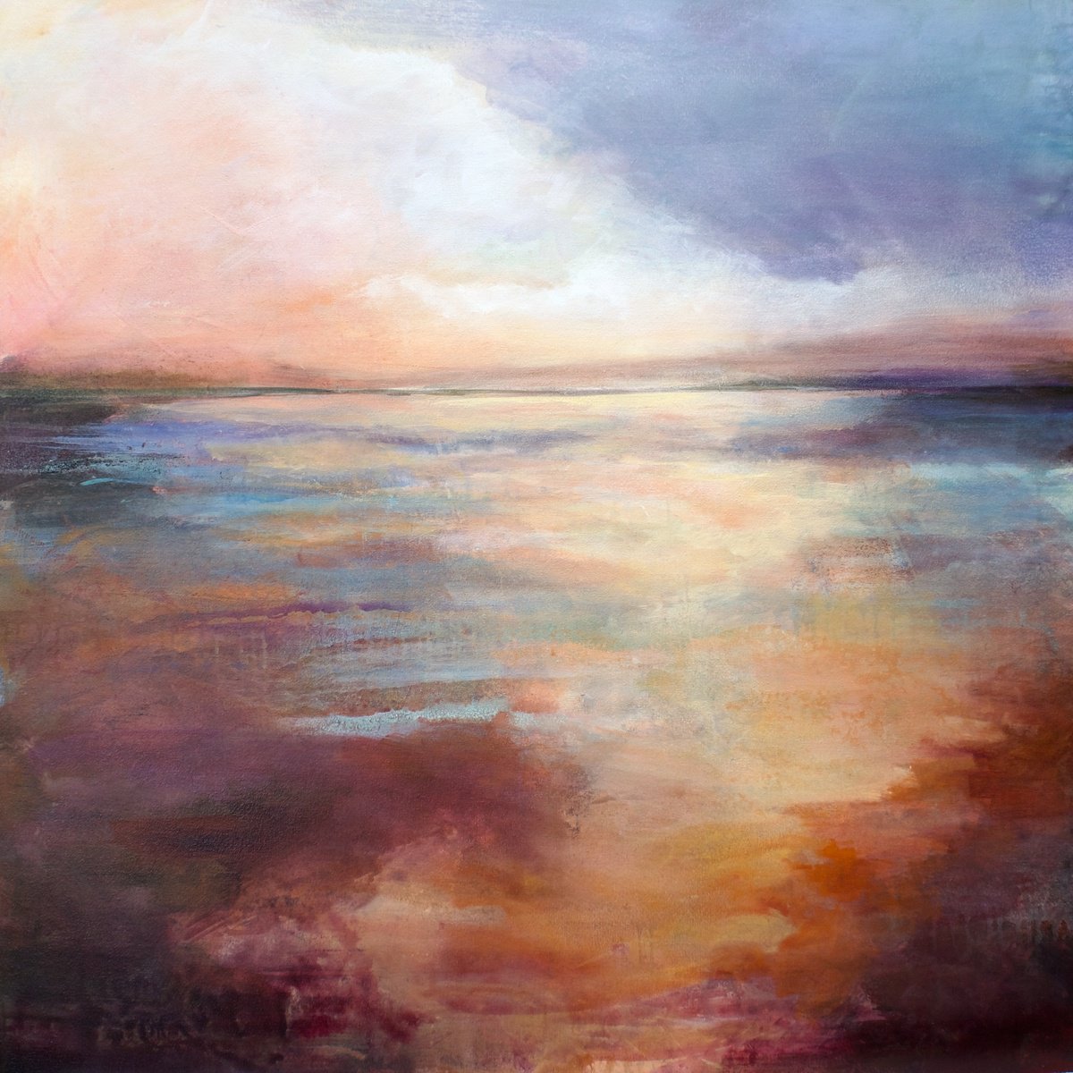 Impressionistic Landscape Acrylic Painting By Karen Hale, 30 X 30", Apricot Sky, Original Artwork