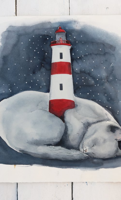 Sleepin Cat And Lighthouse by Evgenia Smirnova