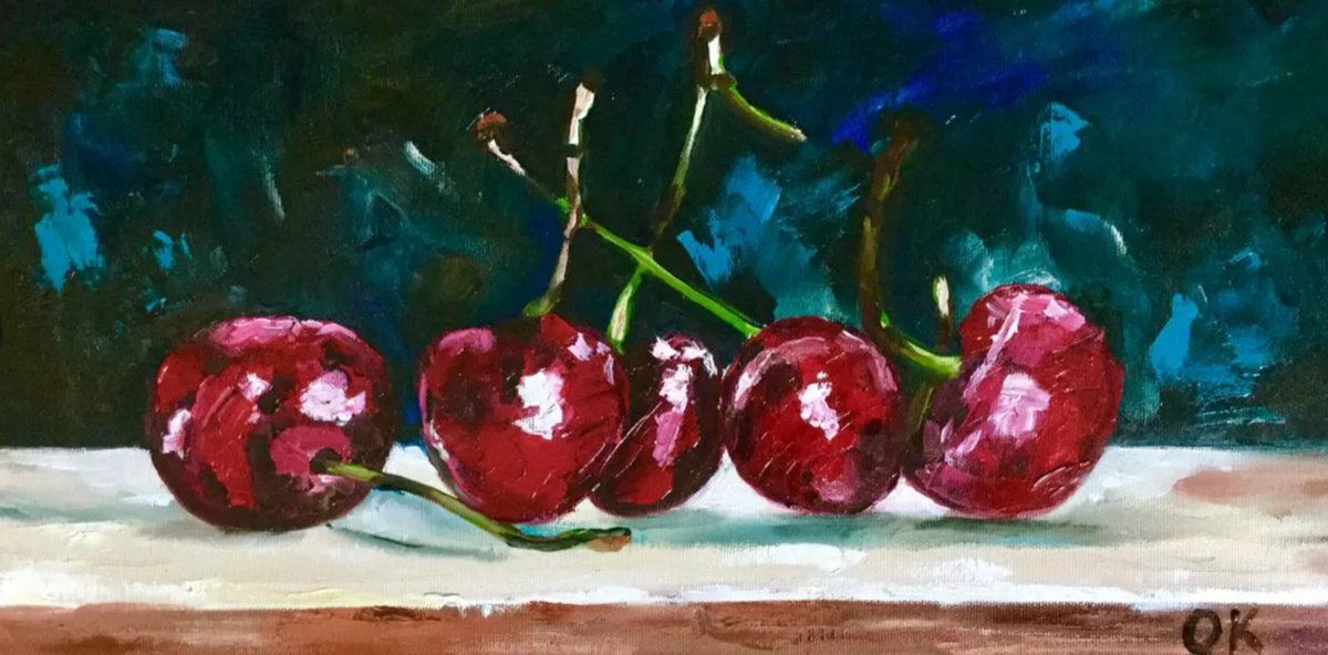 Expressive Still Life Oil Painting By Olga Koval, 20 X 10", Cherries. #3, Original Artwork