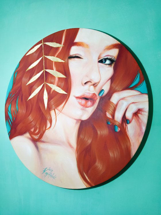 Original Artwork Woman Ginger Hair "Fiery Beauty" 24 in Round Frame Oil Acrylic Painting Sexiness Gold Art Portrait Romantic Pretty Red Hair