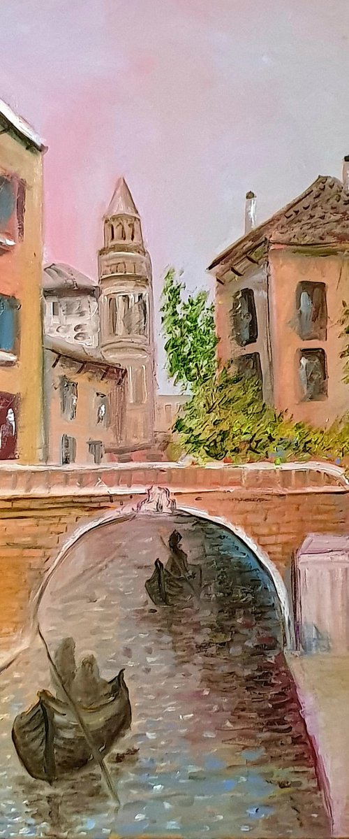 Gondola Ride Along River Bank in Venice, Italy by Leo Baxiner