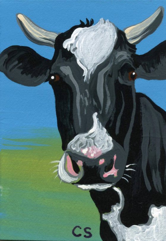 ACEO ATC Original Miniature Painting Black White Cow Farmyard Art-Carla Smale
