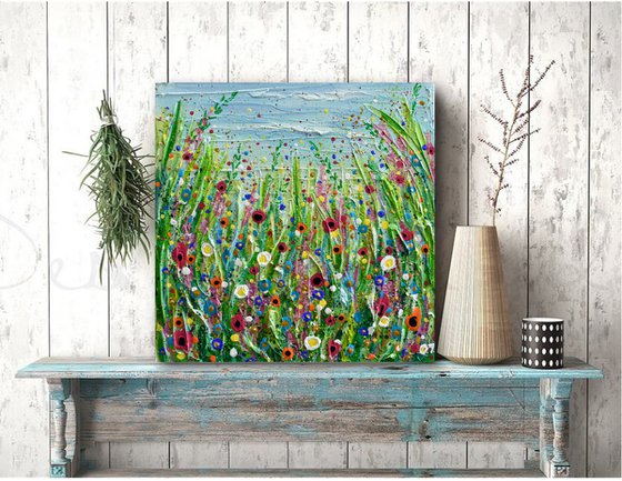 Spring Meadow - Abstract Floral Painting, Palette Knife, Acrylic