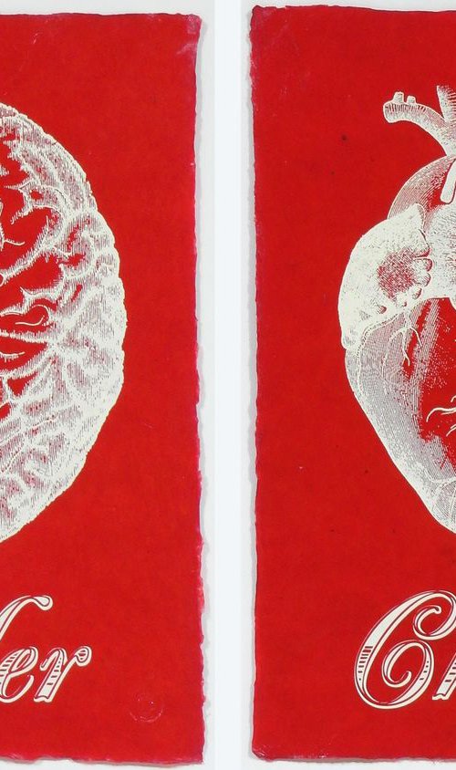 Order Chaos on Handmade Red Lacquered Paper, Medical Antique Heart and Brain Screen Print by Dangerous Minds Artists
