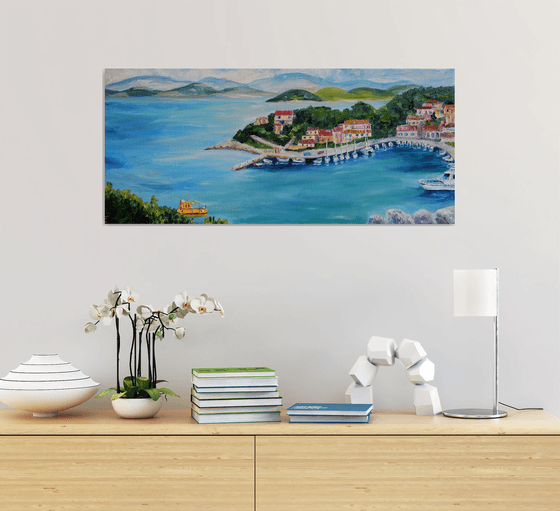 Ships seascape large oil painting on canvas, Greece panorama, coastal home decor