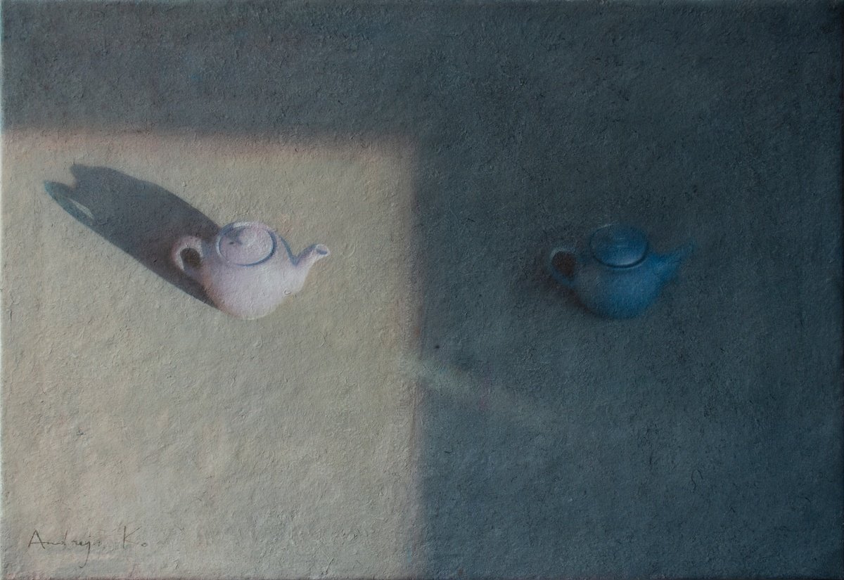 Photorealistic Still Life Acrylic Painting By Andrejs Ko, 32 X 22, Dark And Light Teapot, Original Artwork