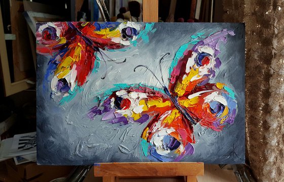 Touch - butterfly, love, insects, oil painting, butterfly oil, butterfly art, gift, art