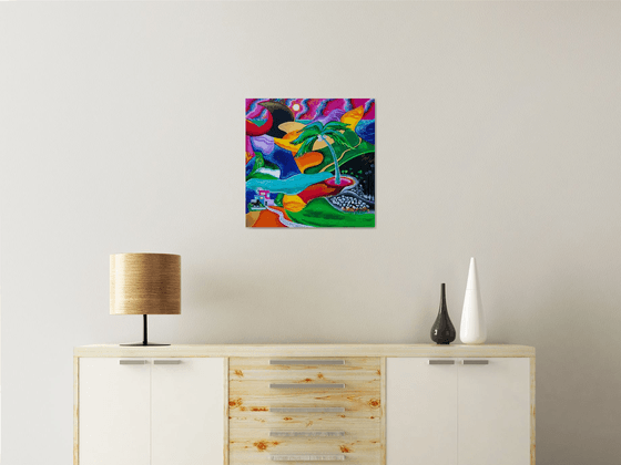VIbrant Colors of the Caribbean - textured acrylic abstract painting on stretched canvas; unique & colorful Puerto Rico art