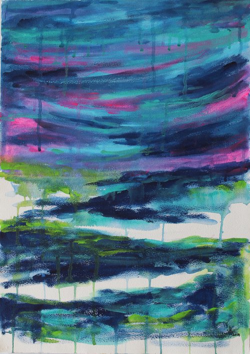 When Thoughts Flow - Abstract acrylic landscape or seascape painting on paper - affordable gift art by Vikashini Palanisamy