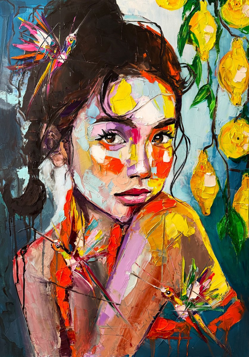 Expressive Portrait Oil Painting By Lana Frey, 28 X 39", The Lemon Mask Dancer, Original Artwork