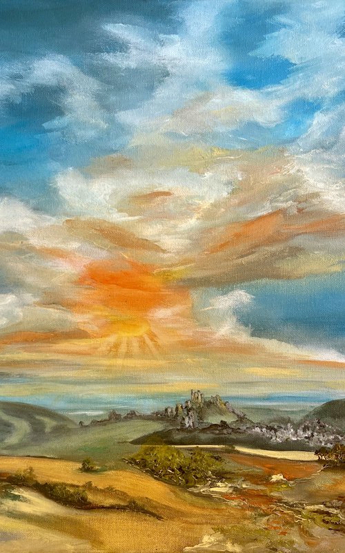 Corfe Castle At Sunset by Marja Brown