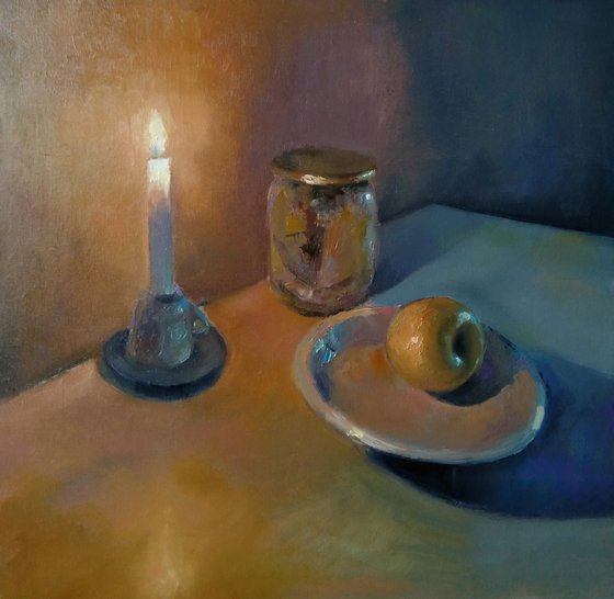 Still life-candle and apple (42x43cm, oil painting, ready to hang)